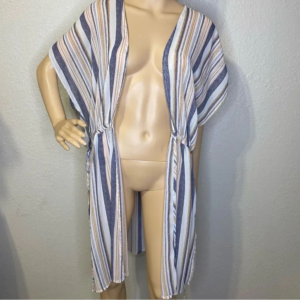 Xhiliration Striped Open Kimono Coverup Gray Tan White Size Large